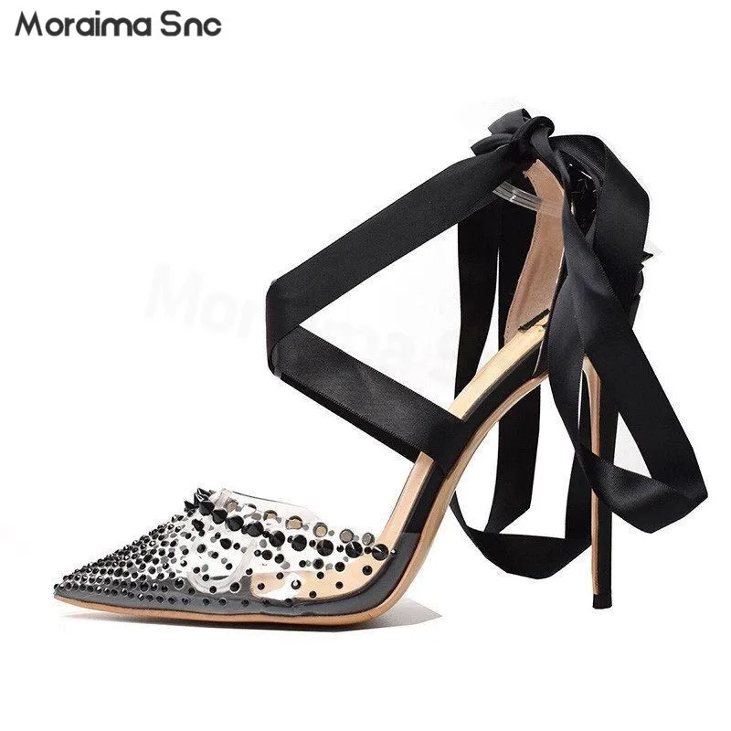 

Transparent Pvc Black Rivet Sandals Silk Cross Strap Sexy Sandals Ankle Wrap Strap Stiletto Heels Banquet Fashion Women's Shoes