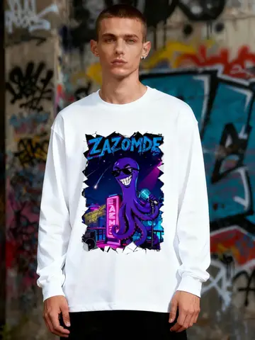 ZAZOMDE Mens And Womens Long Sleeve T-Shirt With Unique Cartoon Octopus Print Cotton Comfortable Loose Fit For Daily Streetwear