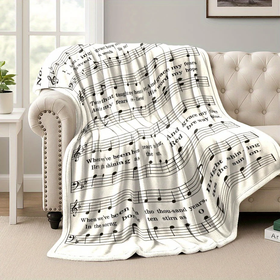 1pc 2D Printed Flannel Blanket, Soft and Warm Music Pattern Throw, Multiple Sizes Available, Suitable for Sofa,, Travel, Camping