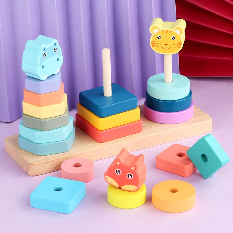 Set di abbinamento animali in legno Tavola di smistamento geometrica Giocattolo educativo per bambini Puzzle impilato Regalo per torre pilastro per bambini