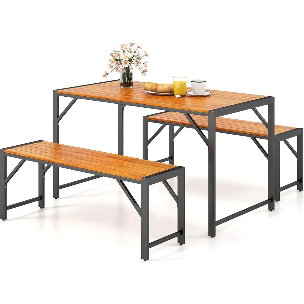 

6-Person Acacia Wood Outdoor Patio Dining Set with Metal Frame Table and Two Benches