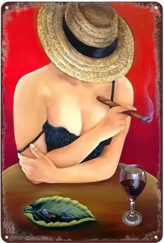CIGAR  METAL TIN SIGN SEXY WOMAN SMOKING CIGAR BAR DRINKING WINE GENTLEMAN CLUB sign
