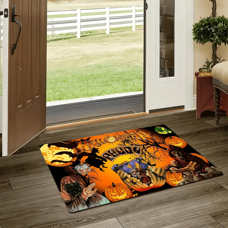 Vintage Halloween Greetings Pumpkin Ghost Bat Printed Household Doormat, Retro Spooky‑themed Floor Rug, Decorative Entry Mat
