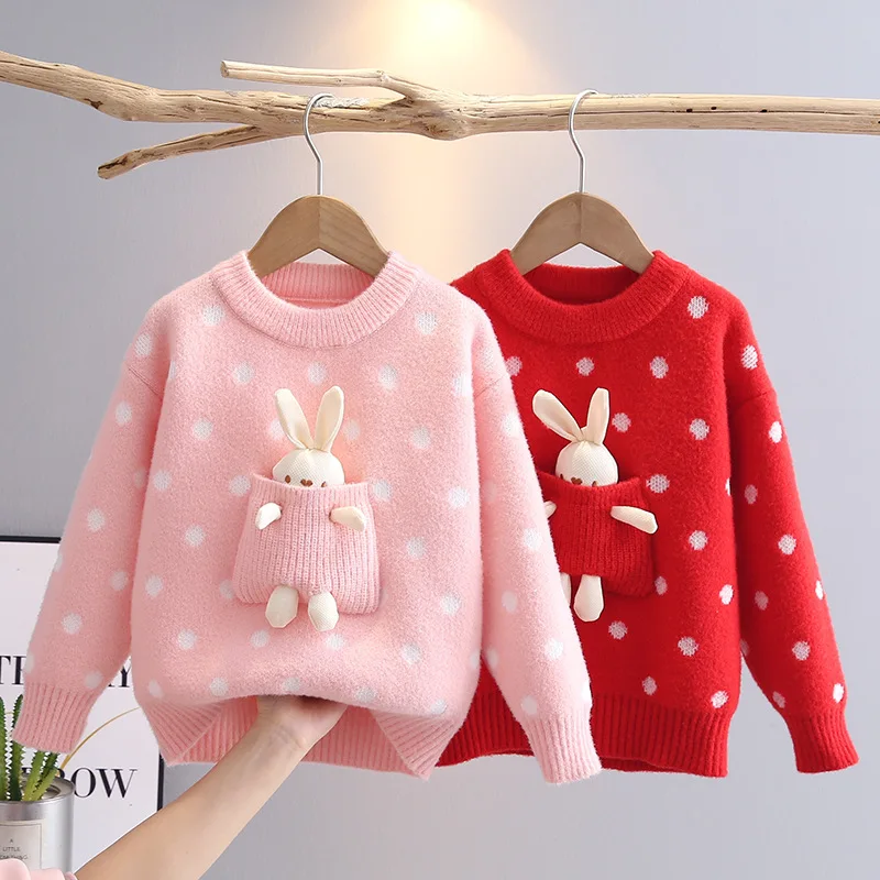 Girls Woolen Jersey Sweaters Autumn Winter 2025 Children Knitted Clothes Tops For Baby Girl Outerwear Kids Cute Sweatshirts 7 8Y