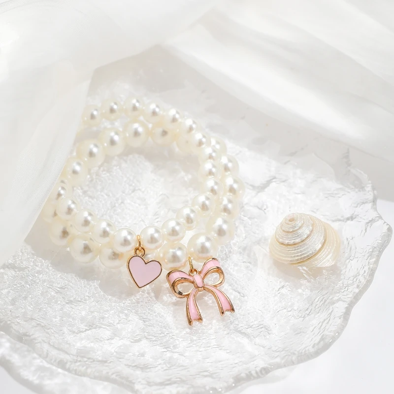 طقم سوار بدلاية وردية الشكل على شكل قلب وقلب ، طراز باليه لطيف ، مطرز باللؤلؤ الصناعي ، مجوهرات قابلة للتمدد ، الموضة ، 2 في كل طقم