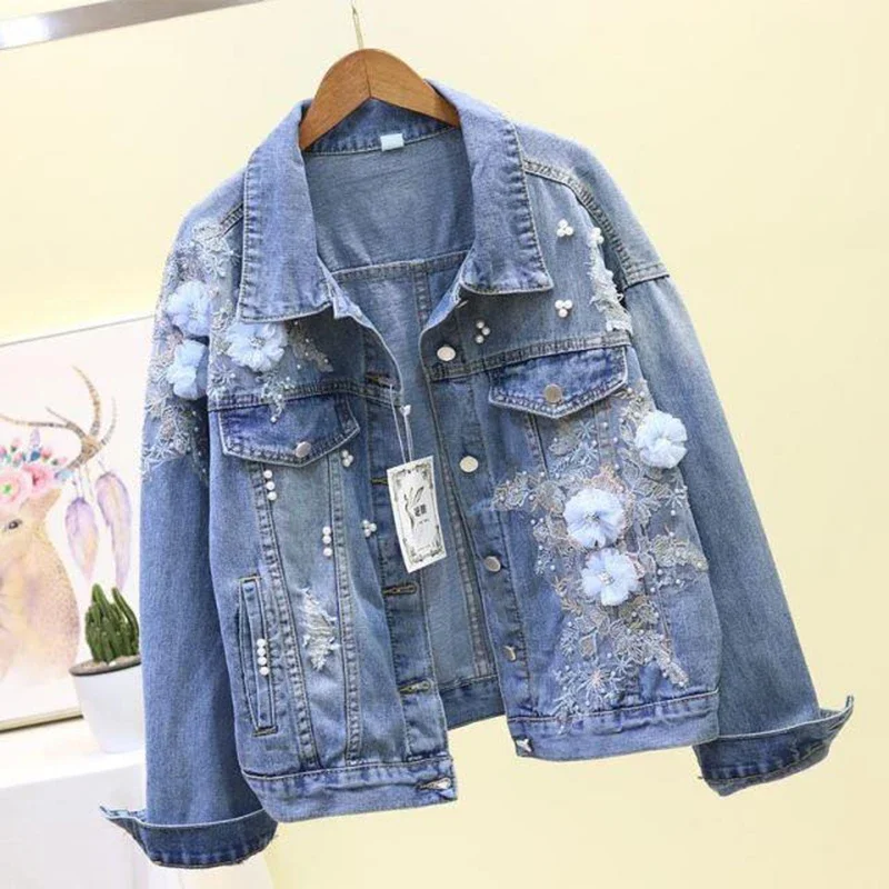 

Women's New Embroidery Denim Short Jacket Spring Autumn 2025 Loose Bomber Top with Diamond Holes Applique Student Jean Outerwear