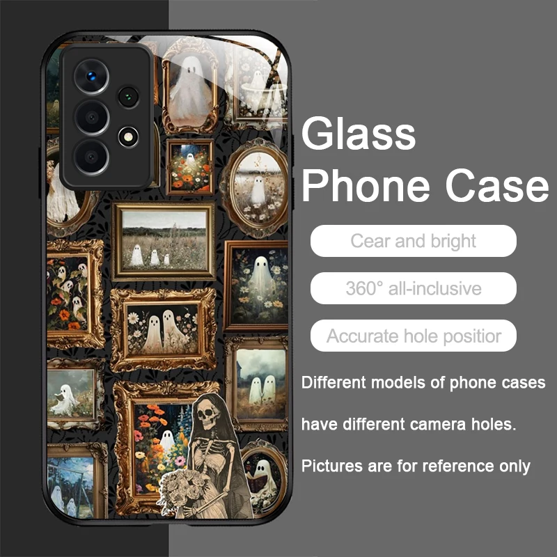 愛らしい小さな幽霊のデザインのクリエイティブな強化ガラス製スマホケース、Samsung Galaxy S25 Ultra、S24、S23 Plus、S22、S21、S20 FE、M55対応ハードカバー