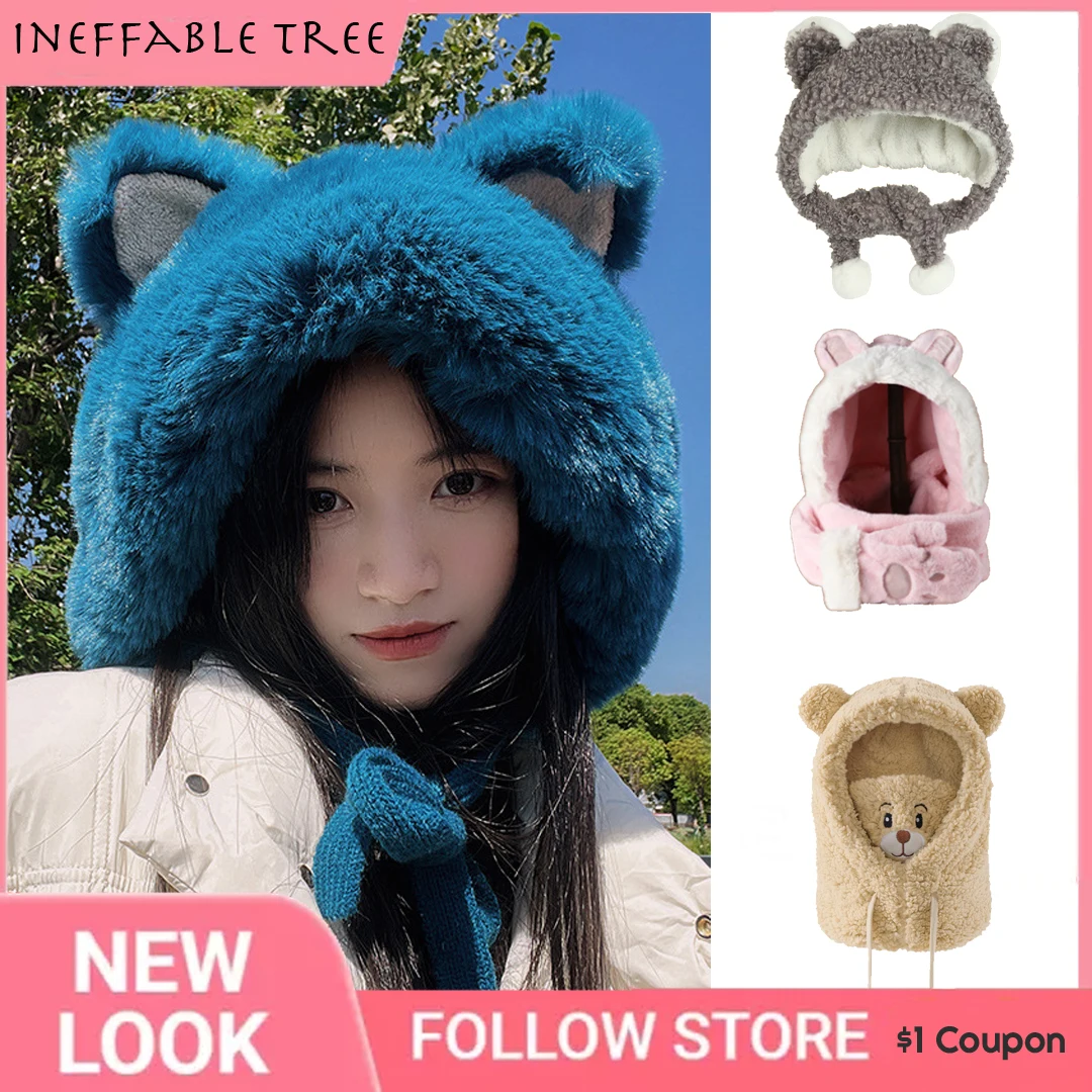 Y2K Winter Head Hood Cute Little Bear Ear Protection Ears Bomber Hats Plush Warn Skullies Knitted Beanies Gorras for Women Girls