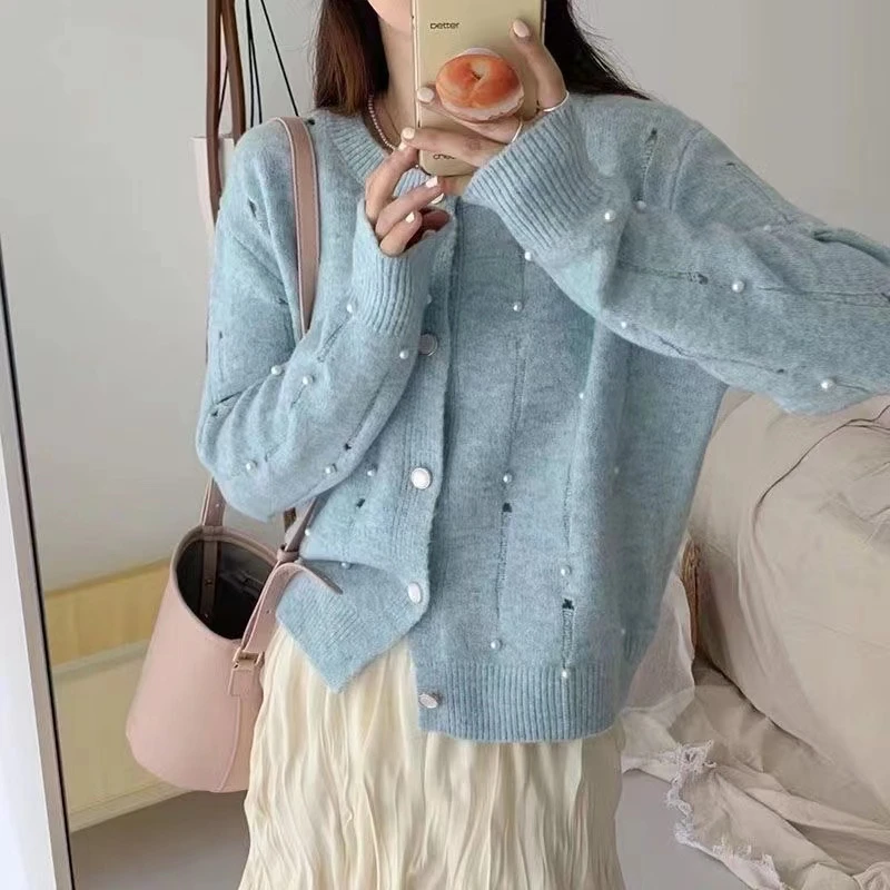 Female Autumn 2024 New Unique Long Sleeve Knitted Cardigan Nail Bead Sweater Coat