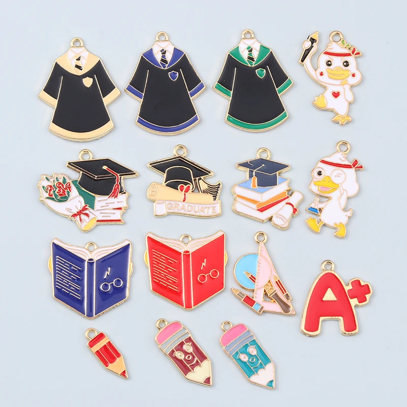 10pcs New Fashion Graduation Enamel Charms Graduate Cap Flower Pencil Academic Dress Pendants For Making Handmade DIY Jewelry