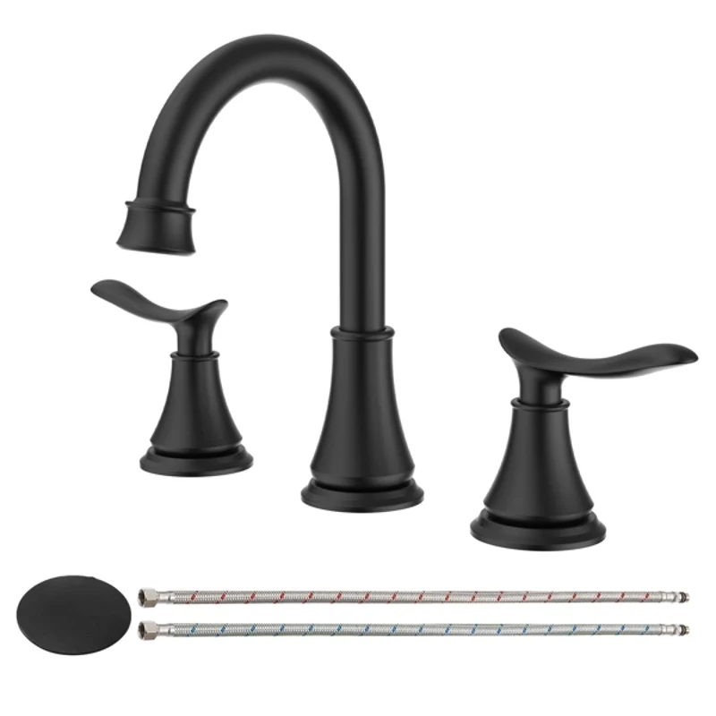 

2-Handle 8 Inch Widespread Bathroom Sink Faucet Matt Black Lavatory Faucet 3 Hole 360° Swivel Spout Vanity Sink Basin Faucets