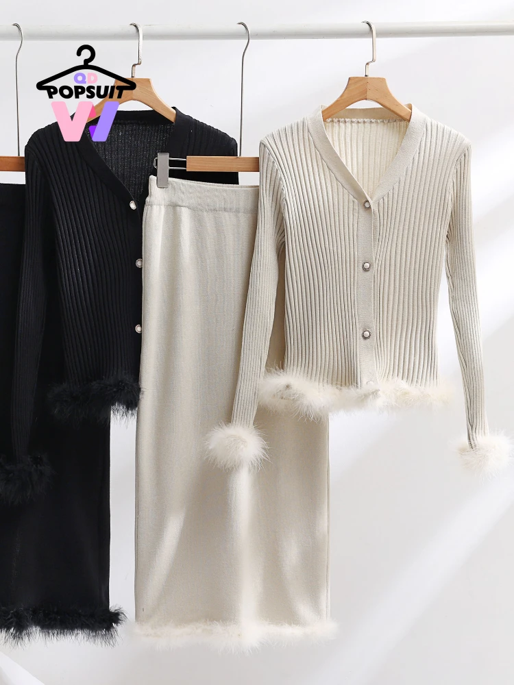 New Spring Women Knitted Skirt Set V-neck Cardigan Tight Fitting Skirt Two-piece Set Women's Set Fashion Elegant Women Clothing