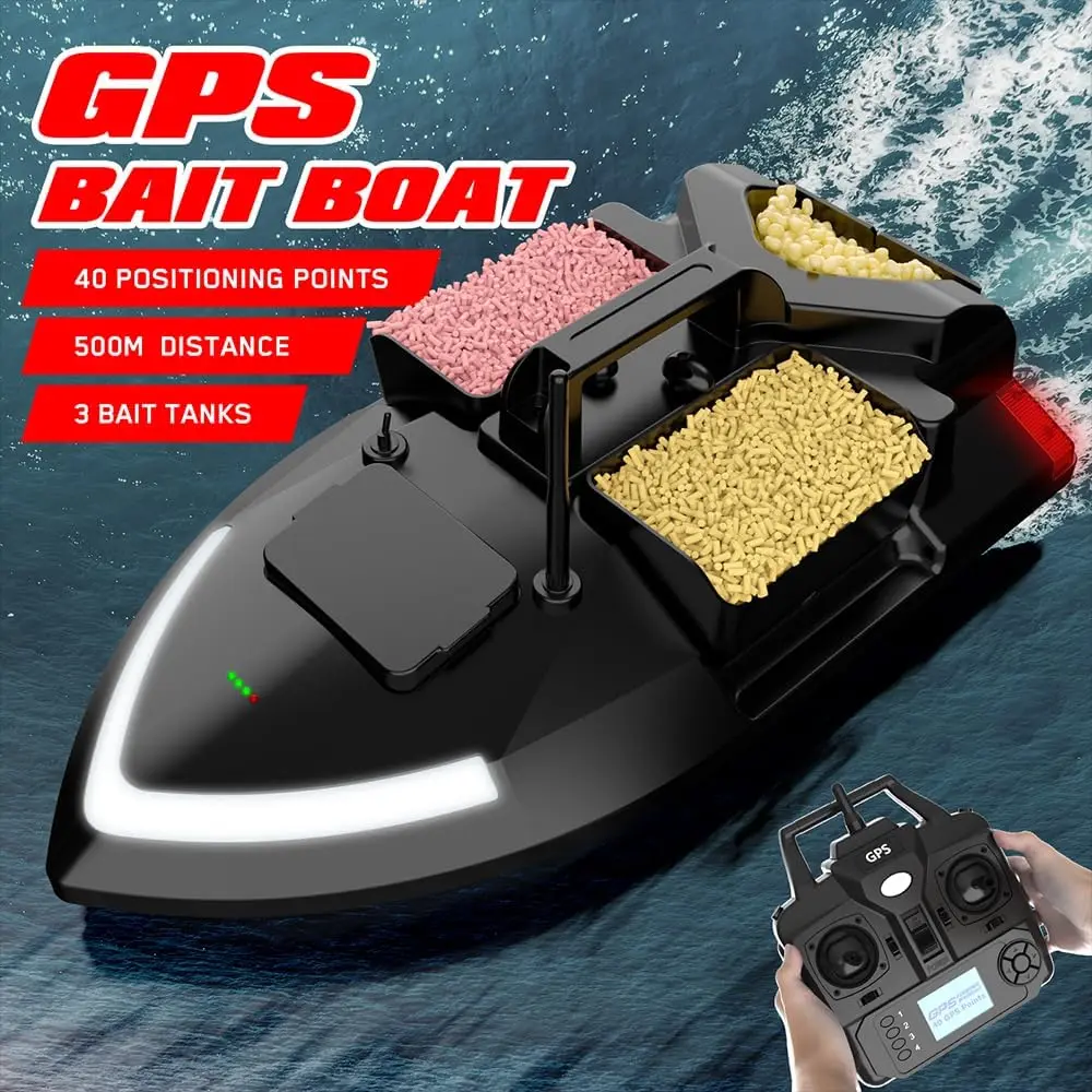 Remote Control Bait Boat for Fishing with Line Drop, 12000mAh Battery, 3 Bait Slots (4.41LBS Capacity), 1640ft Range, LED Light, Hook Release Mechanism, and Carrying Backpack