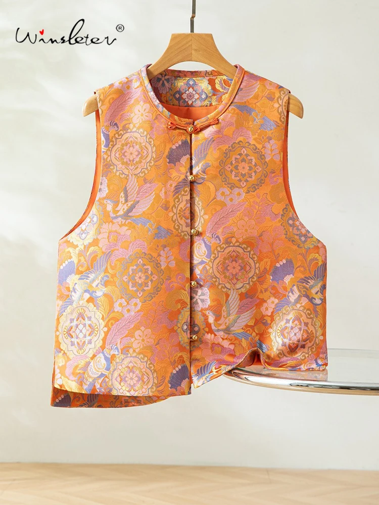 Winsleter-100%Real Silk Elegant Vest Coat, O Neck Floral Bird, Women Retro New Chinese Style Waistcoat, 2026 Spring New C61402CC