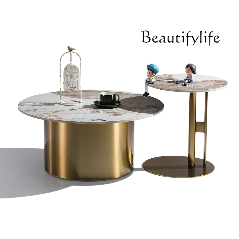 Light Luxury and Simplicity Living Room Home Small Apartment Stone Plate Designer Stainless Steel Size round Coffee Table