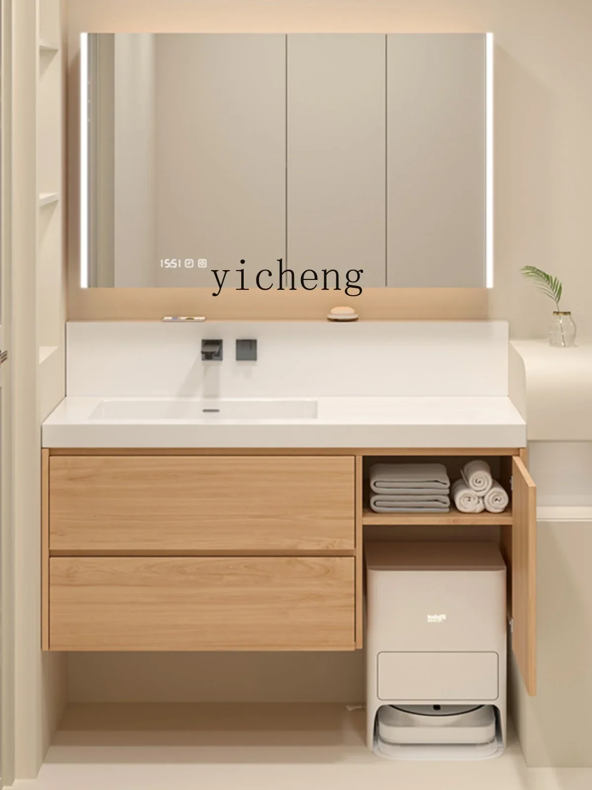Wood Color Bathroom Cabinet Washstand Stone Plate Ceramic Integrated High Back Wash Basin Cabinet Combination