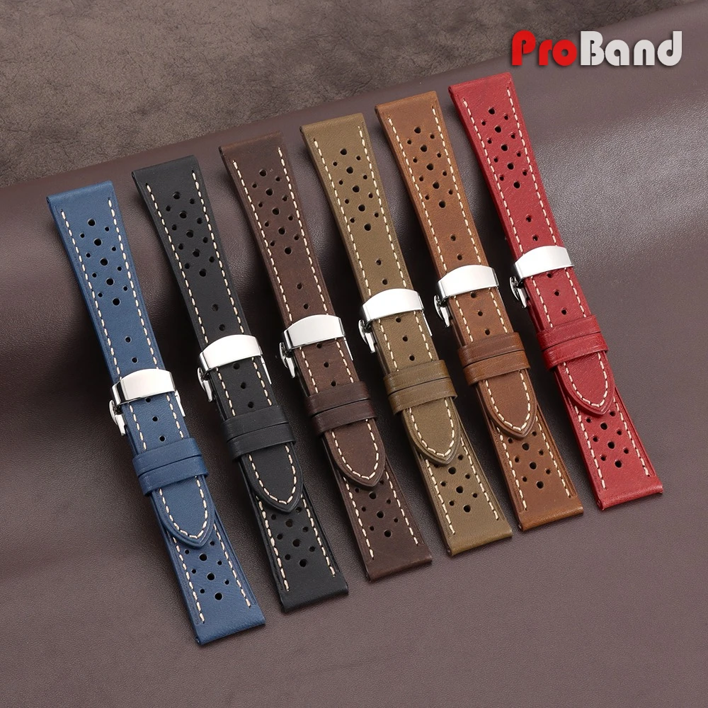 18mm 20mm 22mm 24mm Breathable Porous Butterfly Buckle Bracelet Vintage Racing Cowhide Watch Straps Handmade Universal Watchband