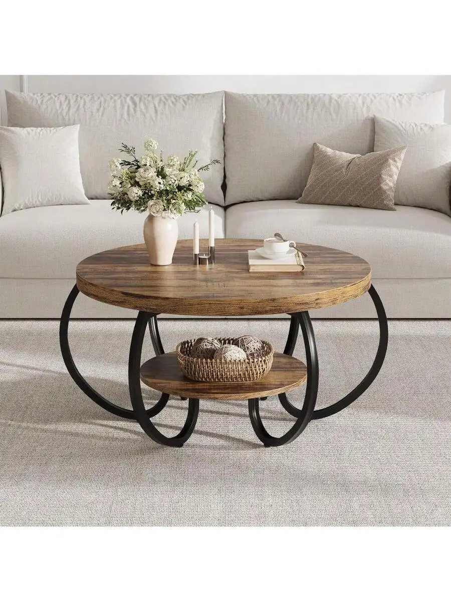 

Huisuilinss Farmhouse Coffee Table,30" Round Coffee Table,2 Tier Rustic Wood Center Table With Storage Shelf,Curved Metal