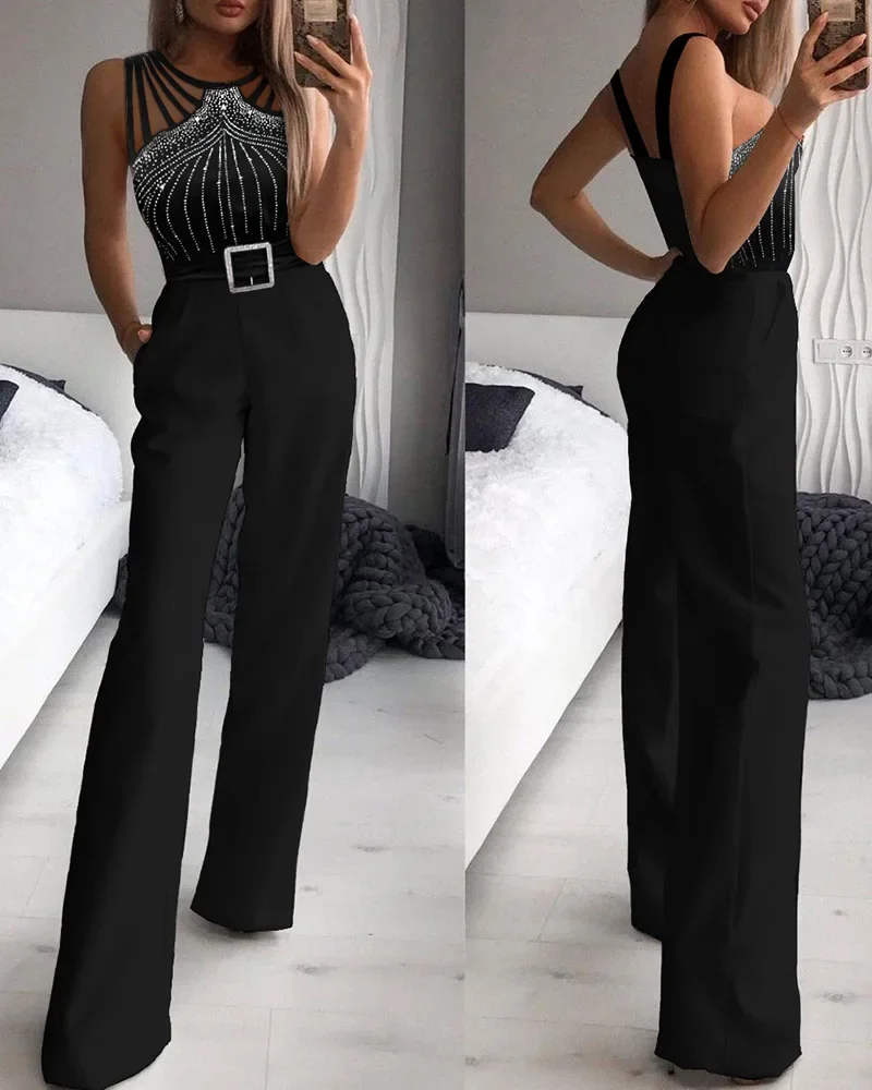 Sexy Bodysuits Female Black Mock Neck Mesh Sequins Sleeveless Jumpsuits Outfits Elegant Jumpsuit Women's Evening Jumpsuits