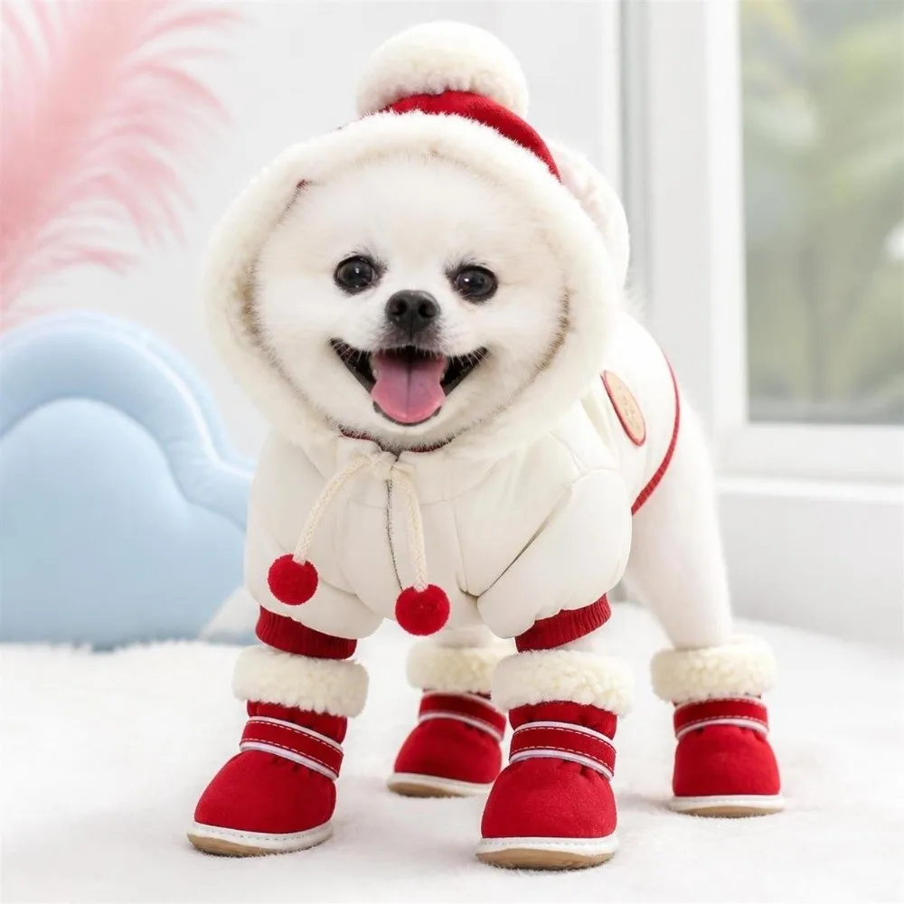 4 Stück Modische Warme Winter-Hundeschuhe Rutschfeste Katzen- und Welpensocken Verdickte Baumwoll-Hundeschuhe für Kleine und Mittelgroße Hunde – Detail 2