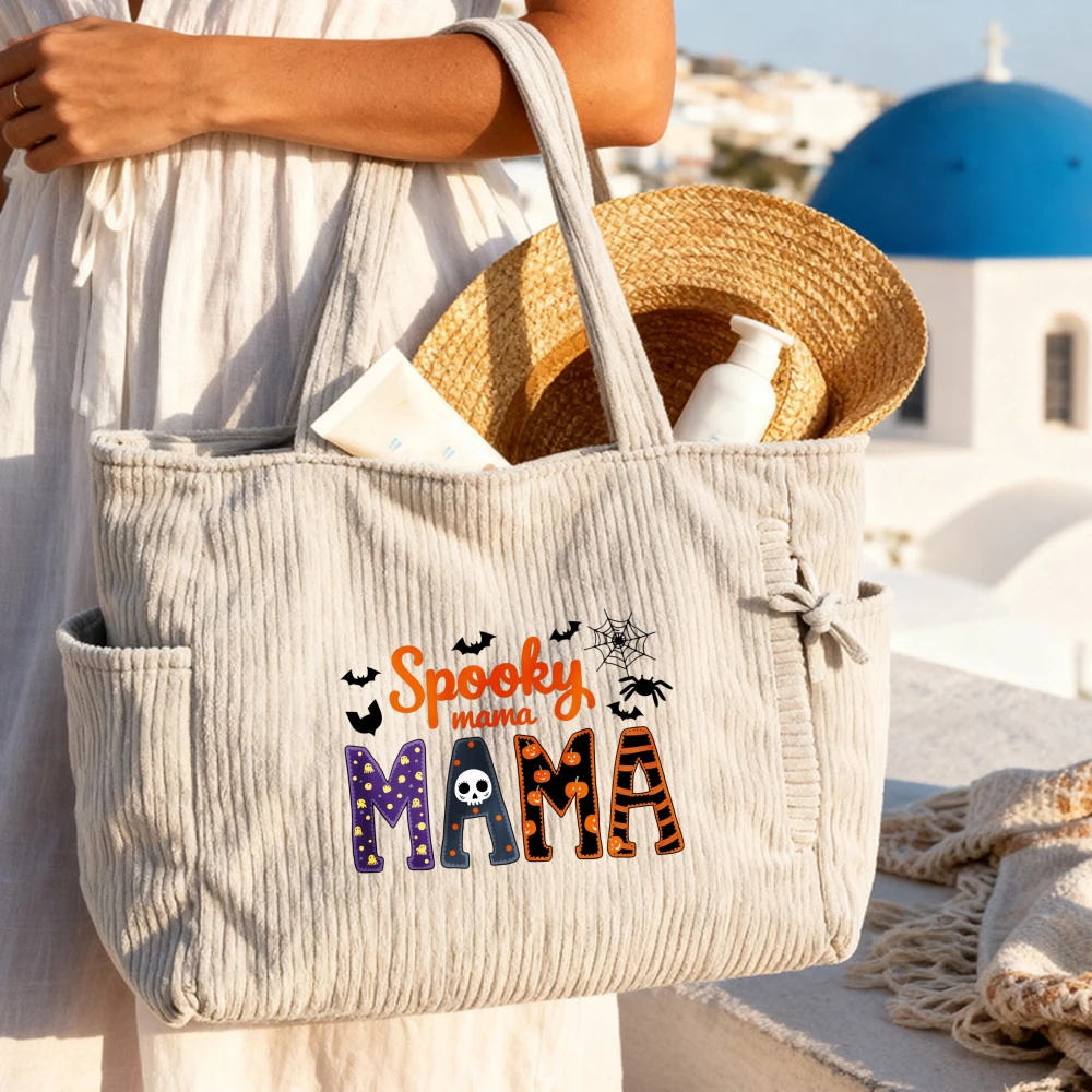 

Women's Corduroy Halloween Tote Bag “Spooky Mama” Design, Large Capacity Shoulder Bag,Fall Season Gift, Daily Shopping Beach Day