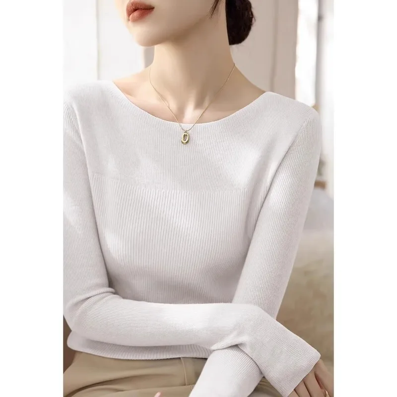 Women 2026 Autumn Winter Solid Wide Boat Neck Knit  Long Sleeve Spliced Ribbed Slim‑Regular Fit Elegant Soft Base Layer Tops
