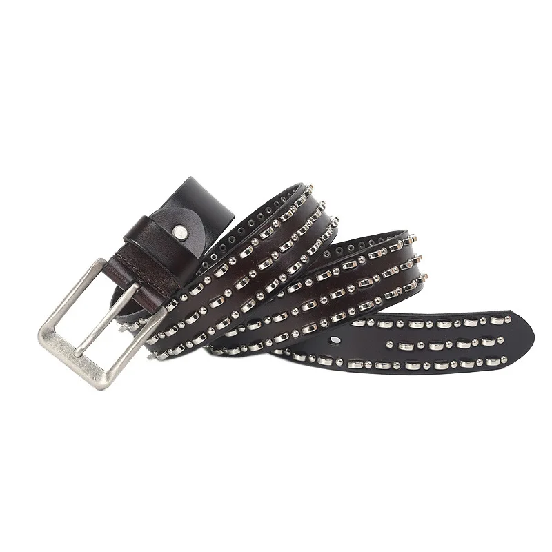 

mens fashion studded belt black brown cow leather rivets belts pin buckle waistband singer DJ stage strapon women designer leash