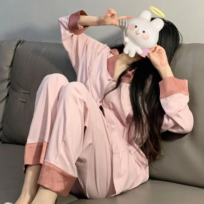 French Contrasting Lapel Long Sleeved Pajamas Women's Spring Autumn V-neck Sleepwear 2024 New Casual Pants Loose Homewear Set