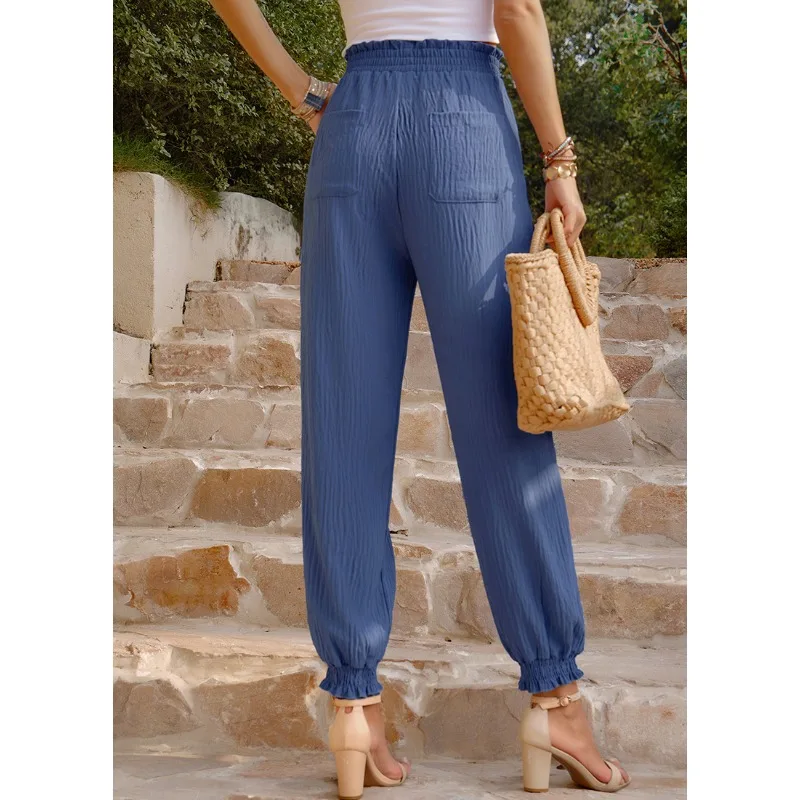 Calça feminina de cintura alta monocromática de gravata casual harém, roupa feminina, calças temperamentadas de deslocamento, nova moda, verão, 2024