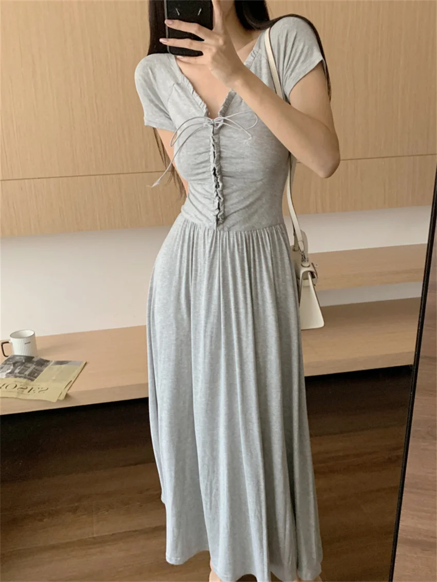 

PLAMTEE S-M Grey Long Dress Sexy Women Summer V-Neck Daily New Office Lady 2023 Elegant Normcore Streetwear Short Sleeve Slim