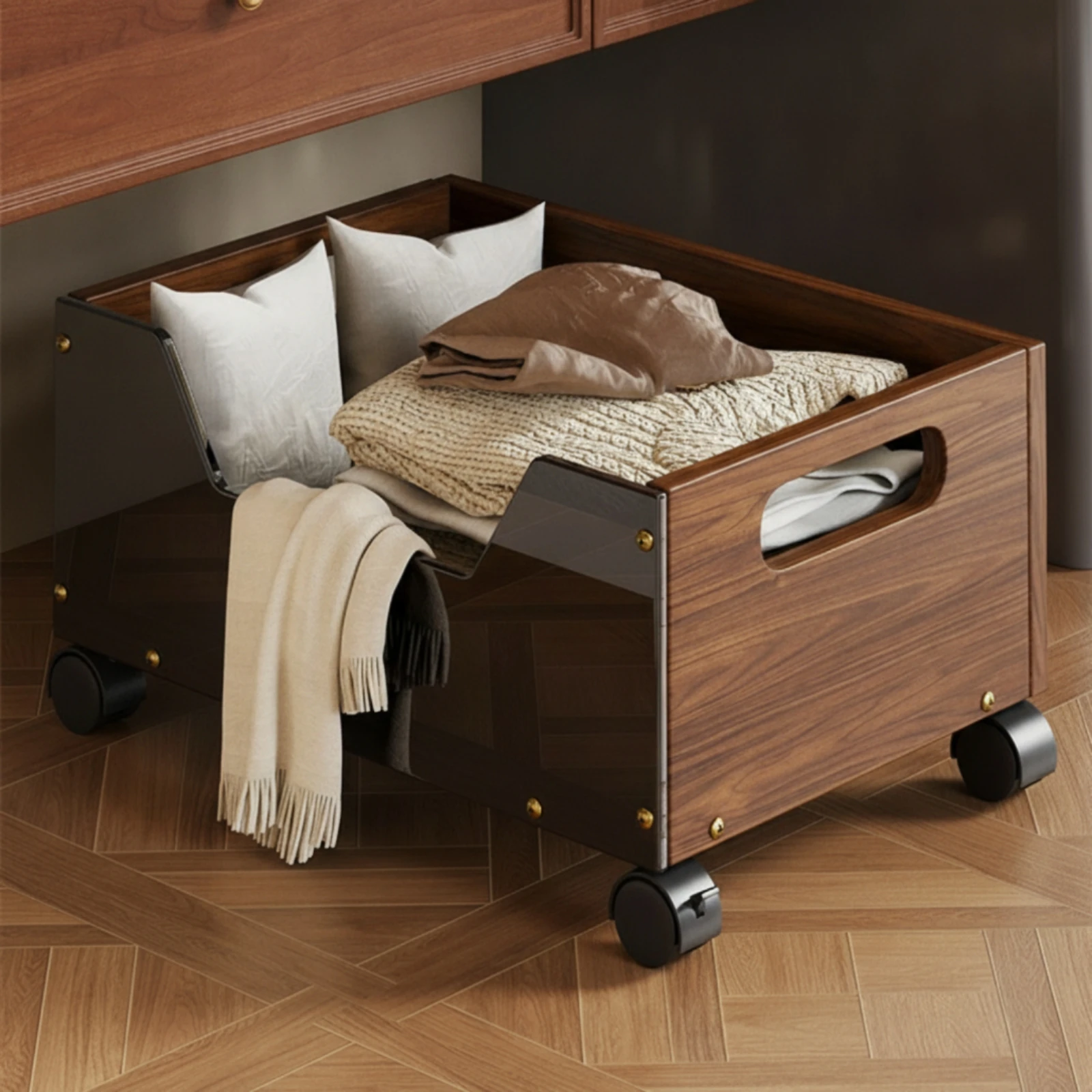 Storage Bin with Handles Open-Top Under-Cabinet Organizer Rectangular Storage Box Wood-Grain Container Space-Saving for Vanity