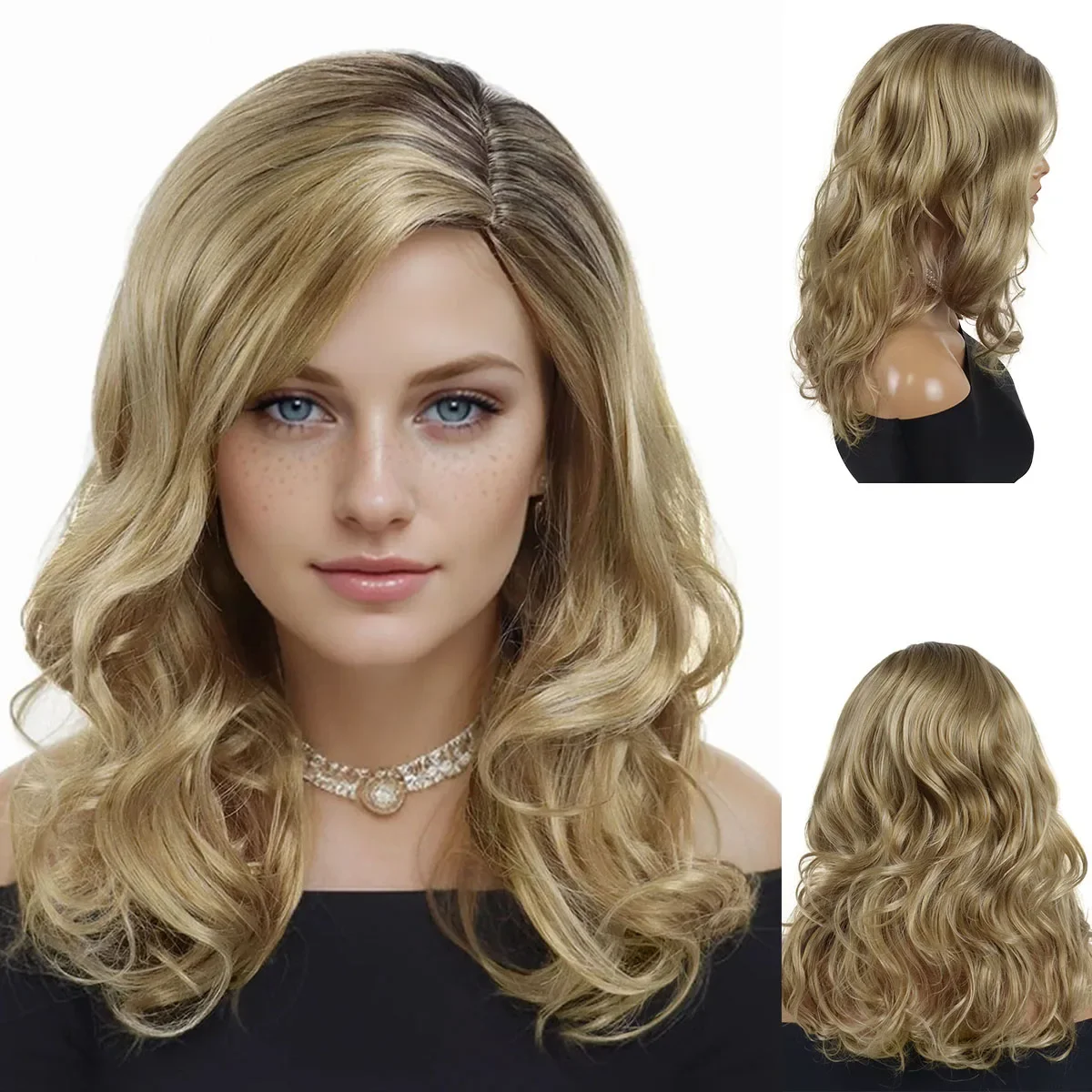 Synthetic Long Natural Wavy Wigs for White Women Mixed Blonde Wig with Side Bangs Dark Roots Ombre Color Mother Hairstyles Daily