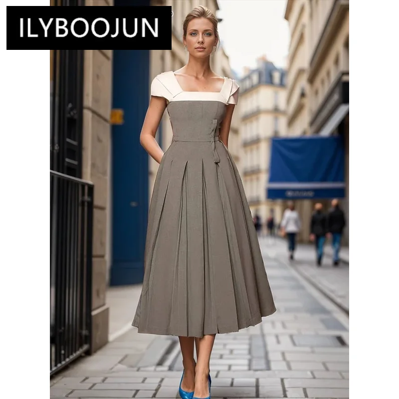 

ILYBOOJUN Colorblock Spliced Pleated Dress For Women Square Collar Short Sleeve Tunic Elegant Dresses Female Fashion Style