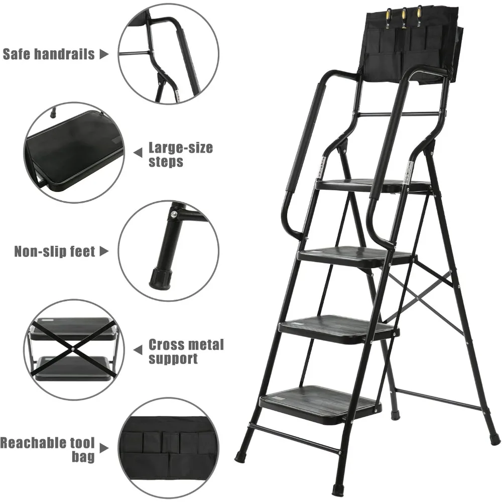 سلم فولاذي قابل للطي مع مساند للذراعين جانبية غير قابلة للانزلاق ودواسات كبيرة، محمول، يحمل ما يصل إلى 500 رطل، قابل للفصل لسهولة التخزين #3