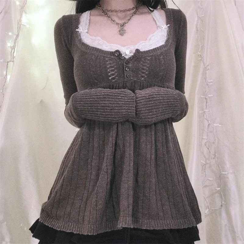 Y2K Sweaters Top Women Fairy Grunge Knit Long Sleeve Pullover Sweater Low Cut Babydoll Button Down Vintage 00s Sweater