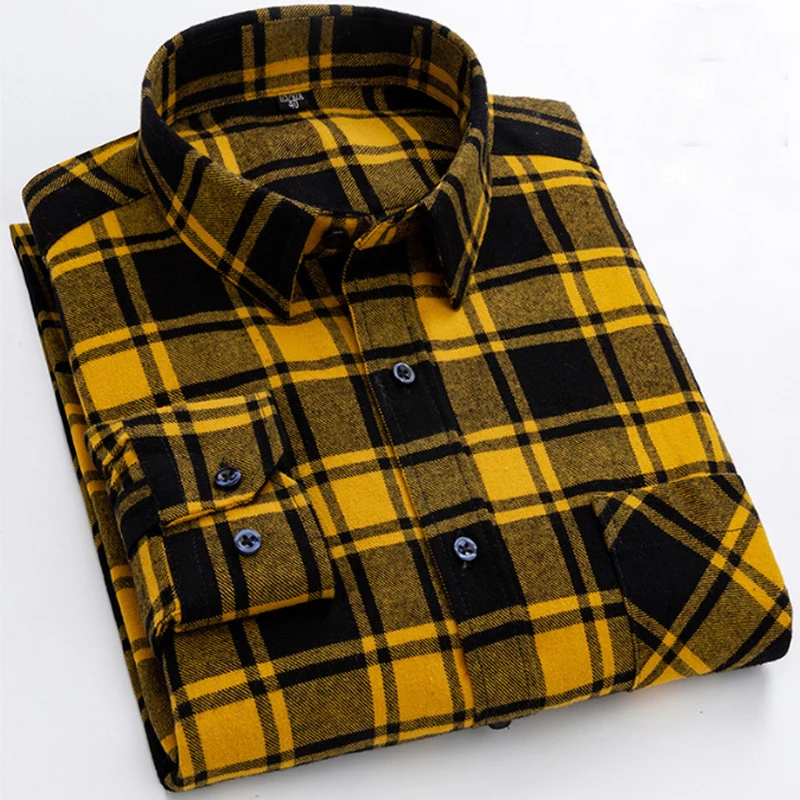 6XL Autumn/Winter Large Men\'s 100% Cotton Plaid Brushed Long Sleeve Shirt Wrinkle Resistant Business Casual No Iron Thick