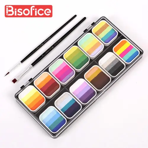 Imagen 1 del producto Juego de paleta de pintura profesional, juego de pasteles divididos en la cara, múltiples colores, 3 pinceles y 6 plantillas, pegatinas seguras y no tóxicas
