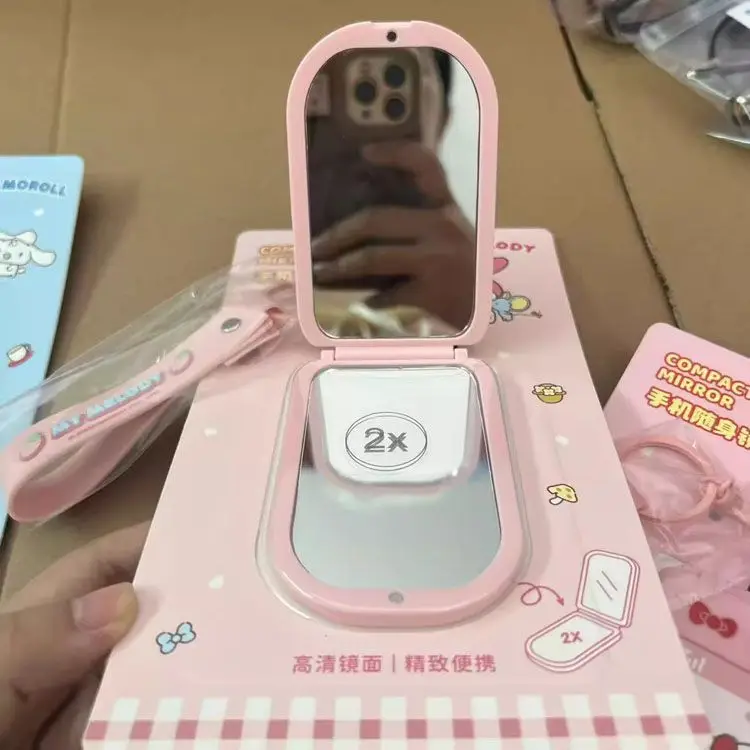 2026 Kawaii Sanrio HelloKitty Kuromi My Melody Folding Phone Shaped Compact Mirror Cute Cartoon Anime Portable Holiday Gift