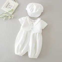 Baby Boy Infant Baptism Suit Ivory Satin Newborn Christening Jumpsuits with Hat Toddler Clothes 0 12 24 Months