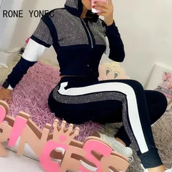 Women Fashion Casual Long Sleeves Hooded Rhinestone Deco Patchwork Zipper Sporty Pants Sets