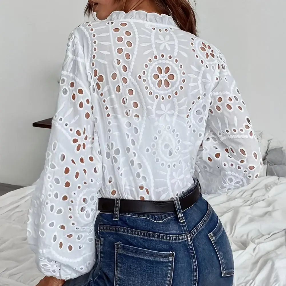 

Sexy Hook Flower Hollow Shirt For Women Fashion White V Neck Long Sleeve Shirts Tops Lady Elegant Office Womens Clothing Spring
