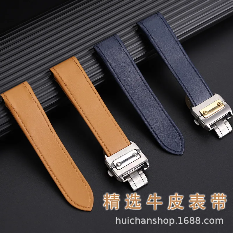 For Cartier Santos 100 Santos100 genuine leather watch strap Folding Buckle Watchband men women bracelet Brown Khaki  23mm