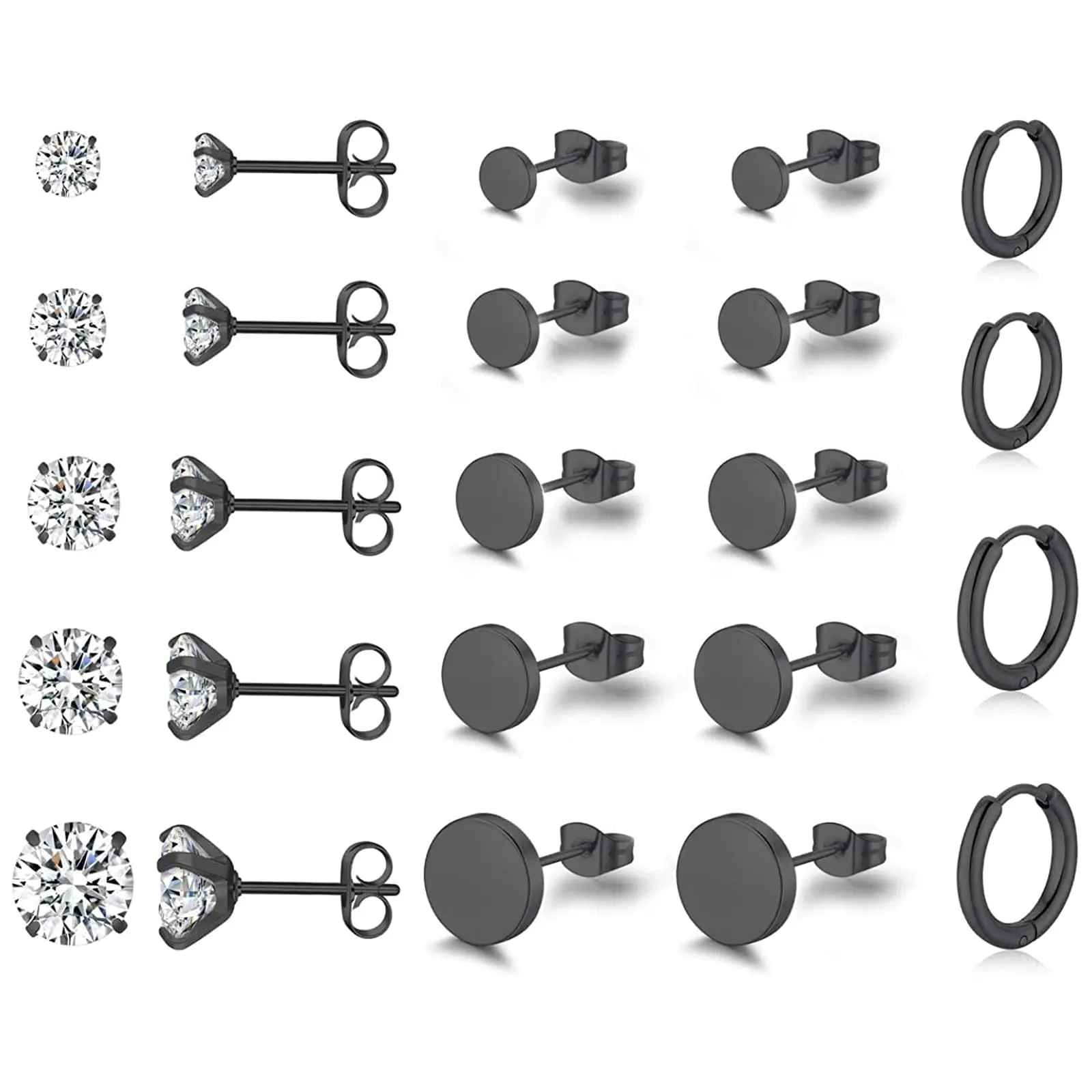 12 Pairs Black Tone Stainless Steel Multiple Piercing Small Huggie Hoop Earrings CZ Cartilage Stud Earrings Set for Women