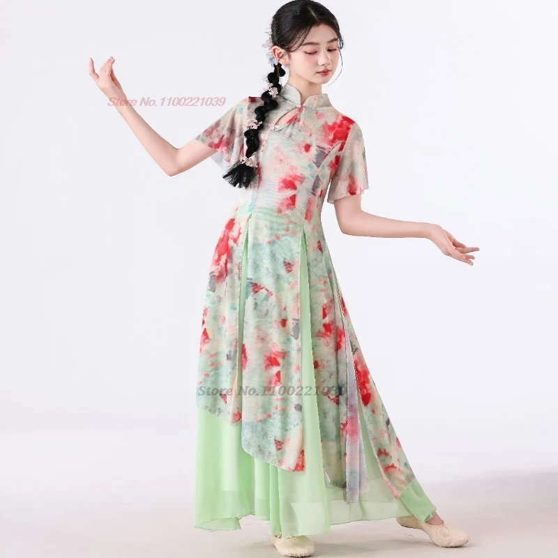 2025 chinese vintage children dance costume flower print mesh qipao dress+pants traditional children stage performance cheongsam
