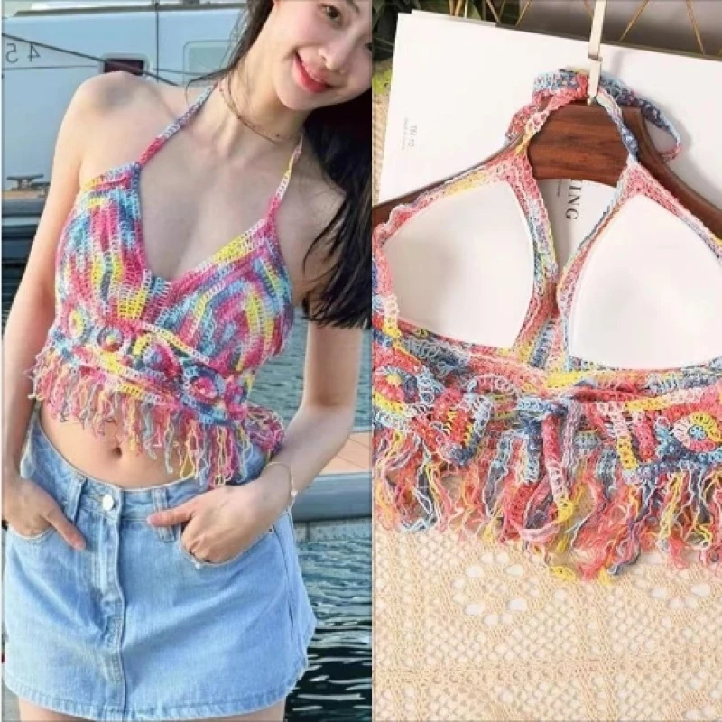 

Пляжный богемный красочный Camisoles, женский сексуальный топ на бретельках с лямкой через шею и кисточками