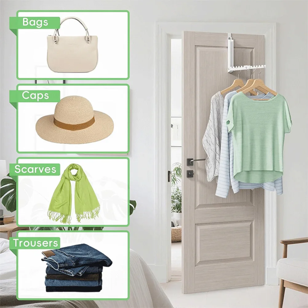 White Metal Over Door Hanger Foldable Drying Rack with 10 Hanging Positions for Clothes Towels Bags Easy Storage