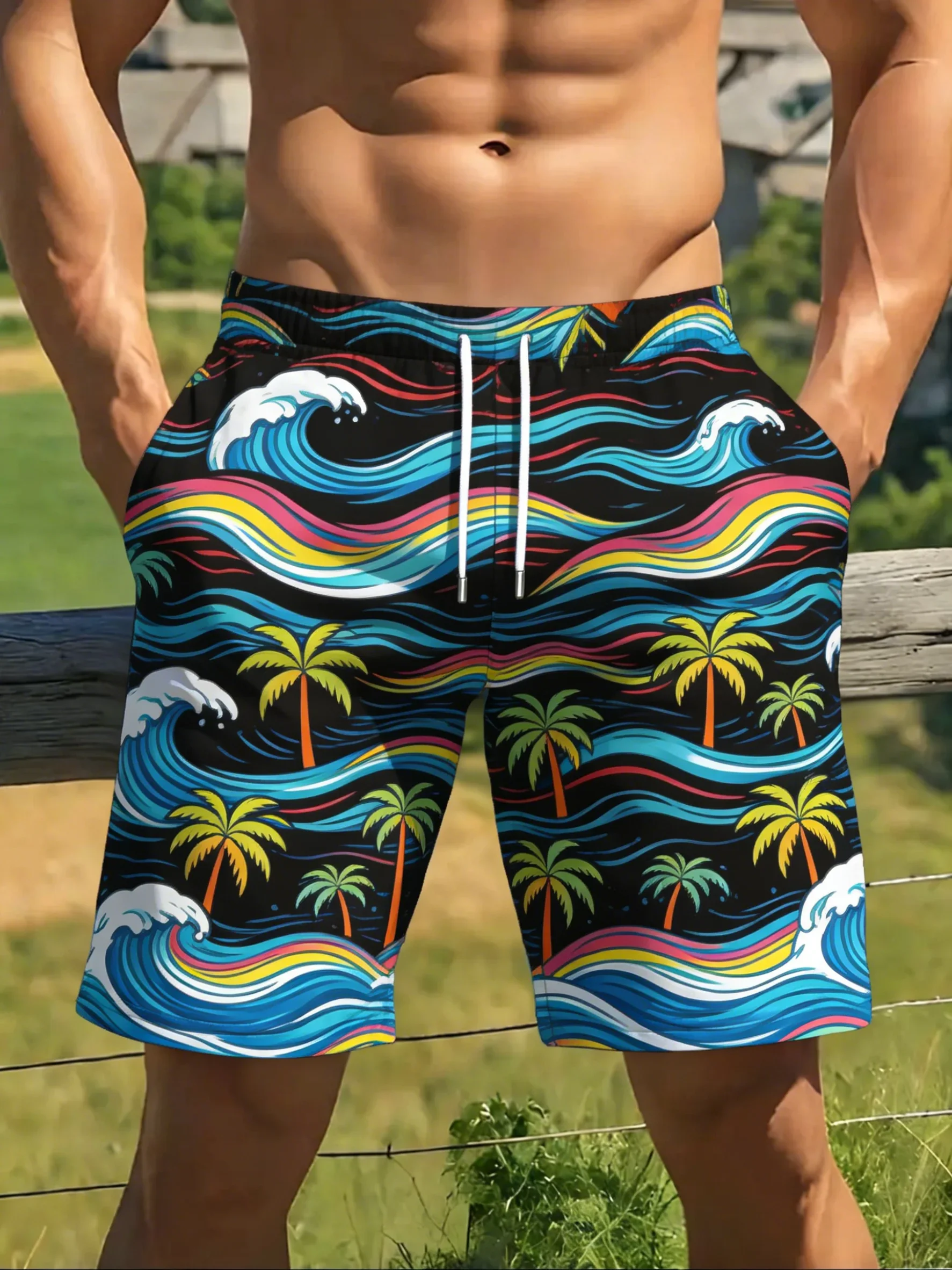 Bestseller Summer Swim Shorts Color Waffle Cone Graffiti Design Adjustable Drawstring Lightweight Water Proof Boardshorts