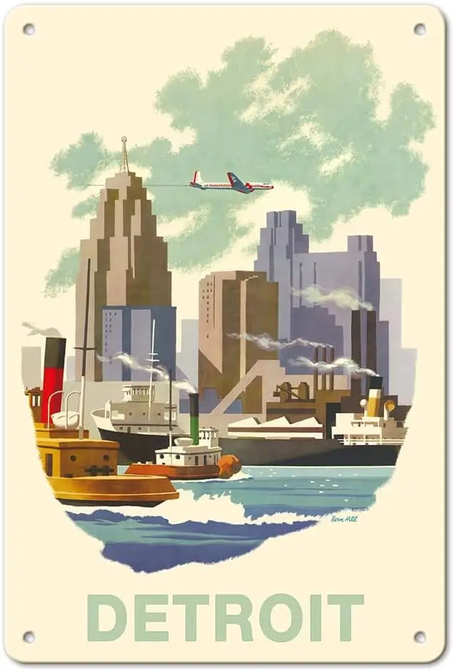 Pacifica Island Art Detroit - Skyline - Vintage Airline Travel Poster by Bern Hill c.1950s - 8 x 12 inch Vintage Metal sign sign