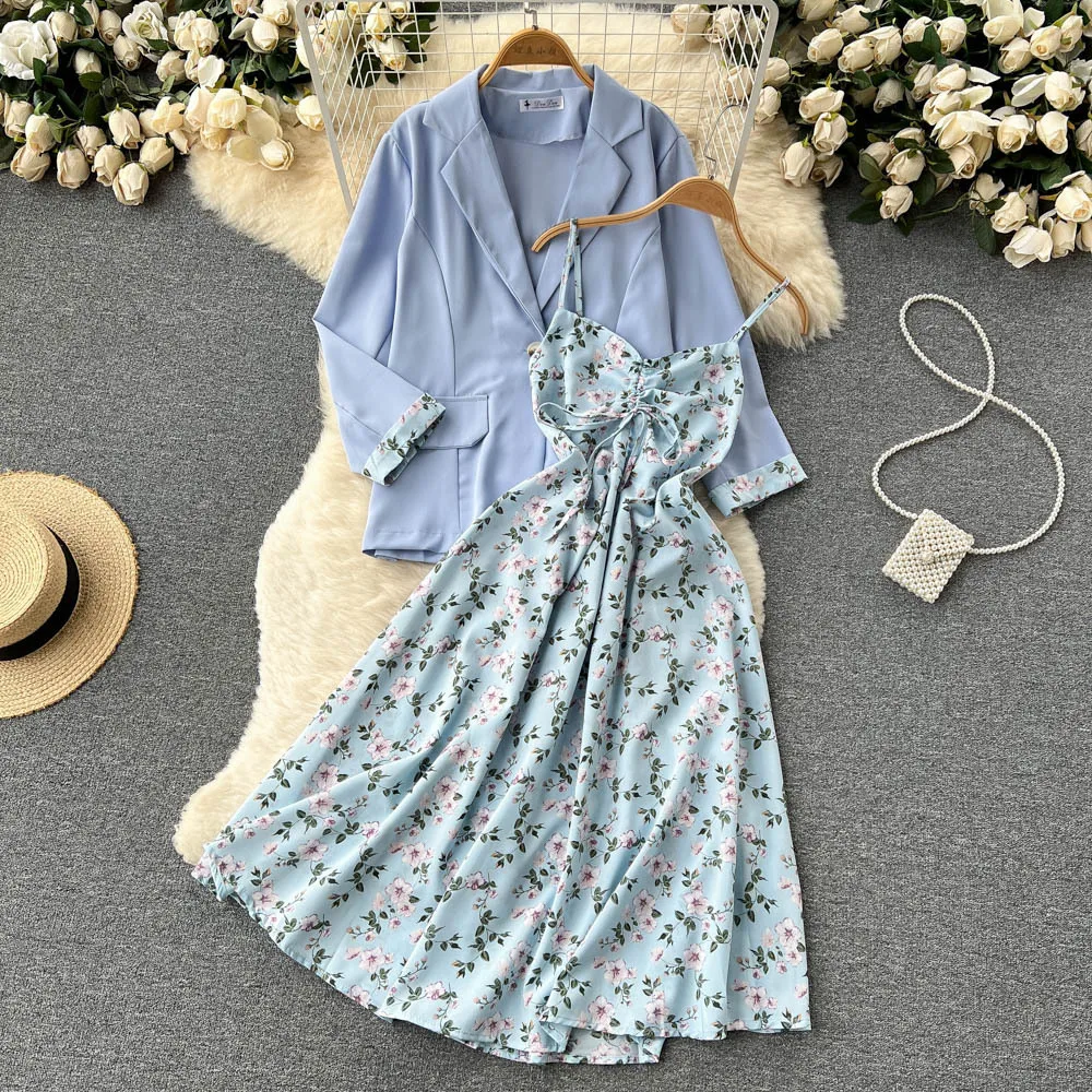 Dress Set Women Two Piece Sets Print Floral Sling A Line Mid Length Dresses Slim Fit Full Sleeve Turn Down Collar Coats