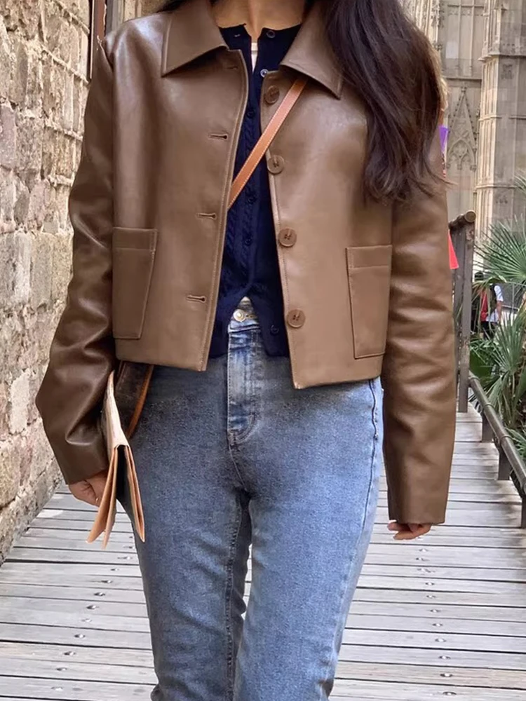 

Женская весенне-осенняя уличная одежда, однобортная куртка из искусственной кожи с длинными рукавами, женская свободная короткая верхняя одежда с карманами из искусственной кожи